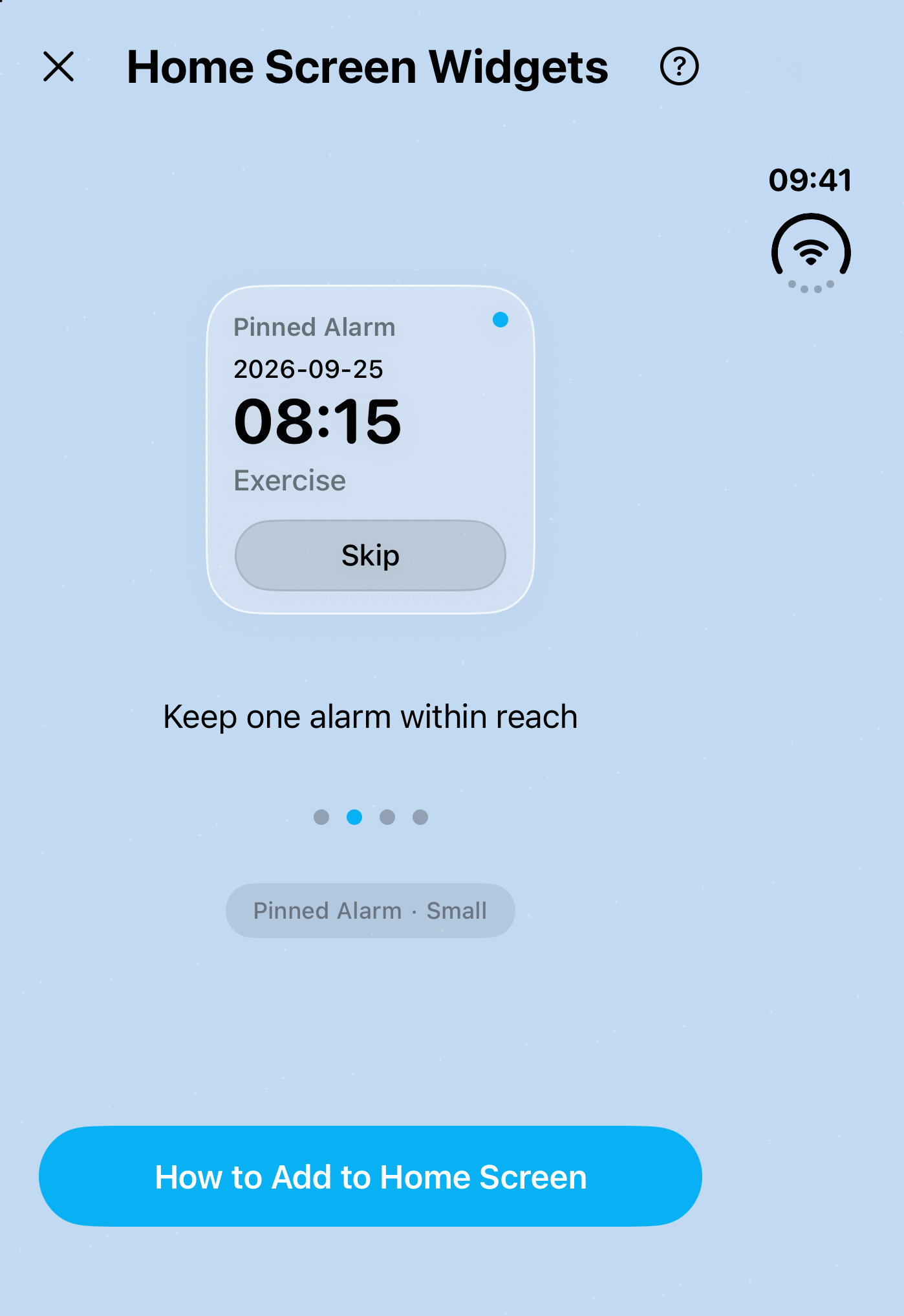 Alarm One's Home Screen widget gallery showing a Pinned Alarm preview with a date, time, label and Skip button