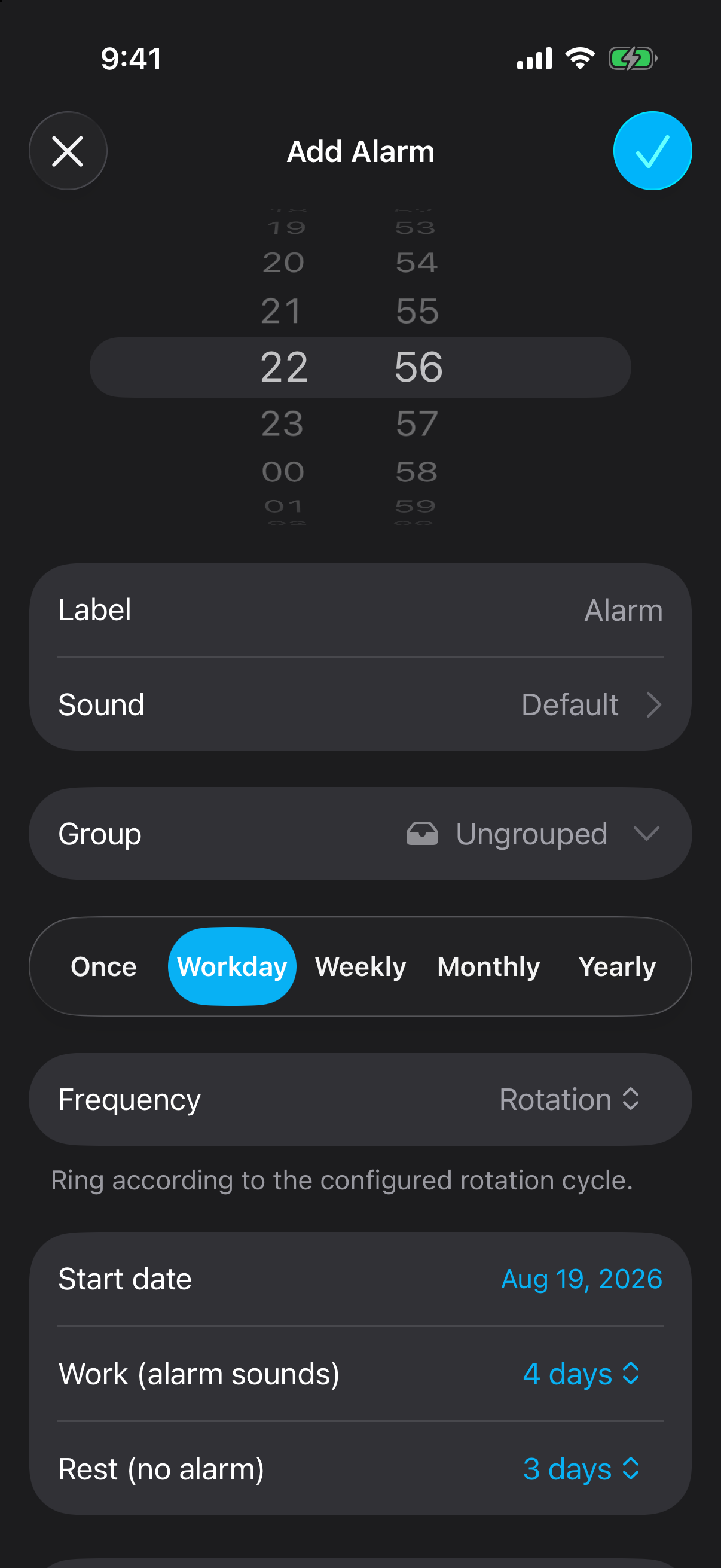 Alarm One Add Alarm screen showing Rotation with a start date, four work days when the alarm sounds, and three rest days with no alarm