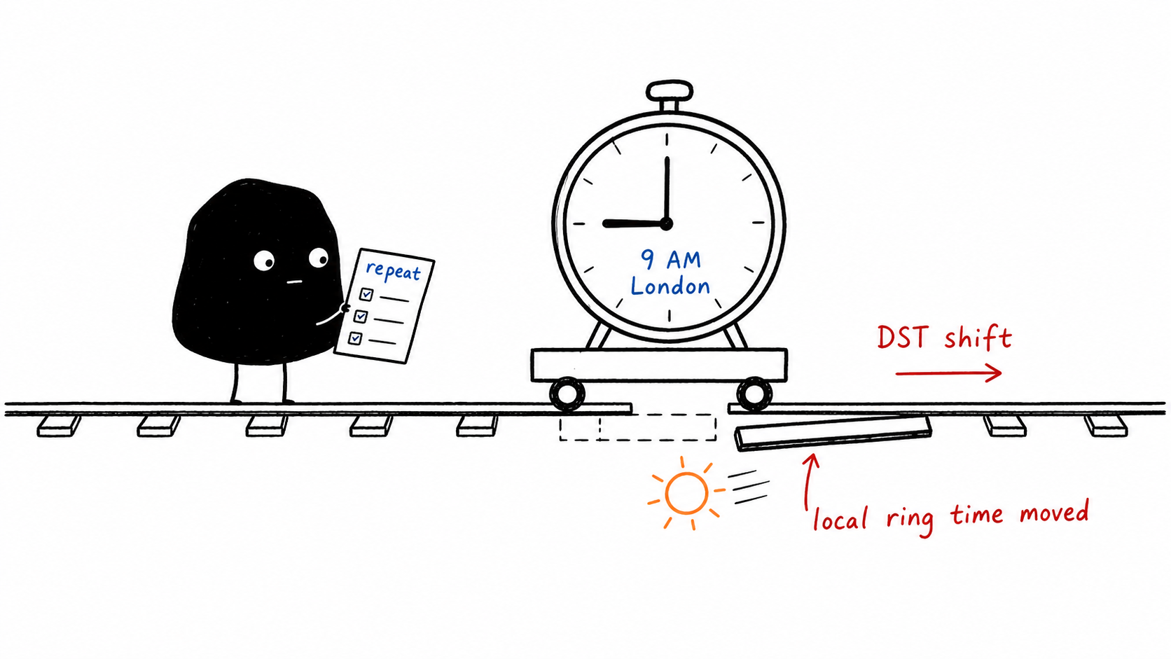 Xiaohei watching a repeating London alarm move out of alignment when daylight saving time shifts