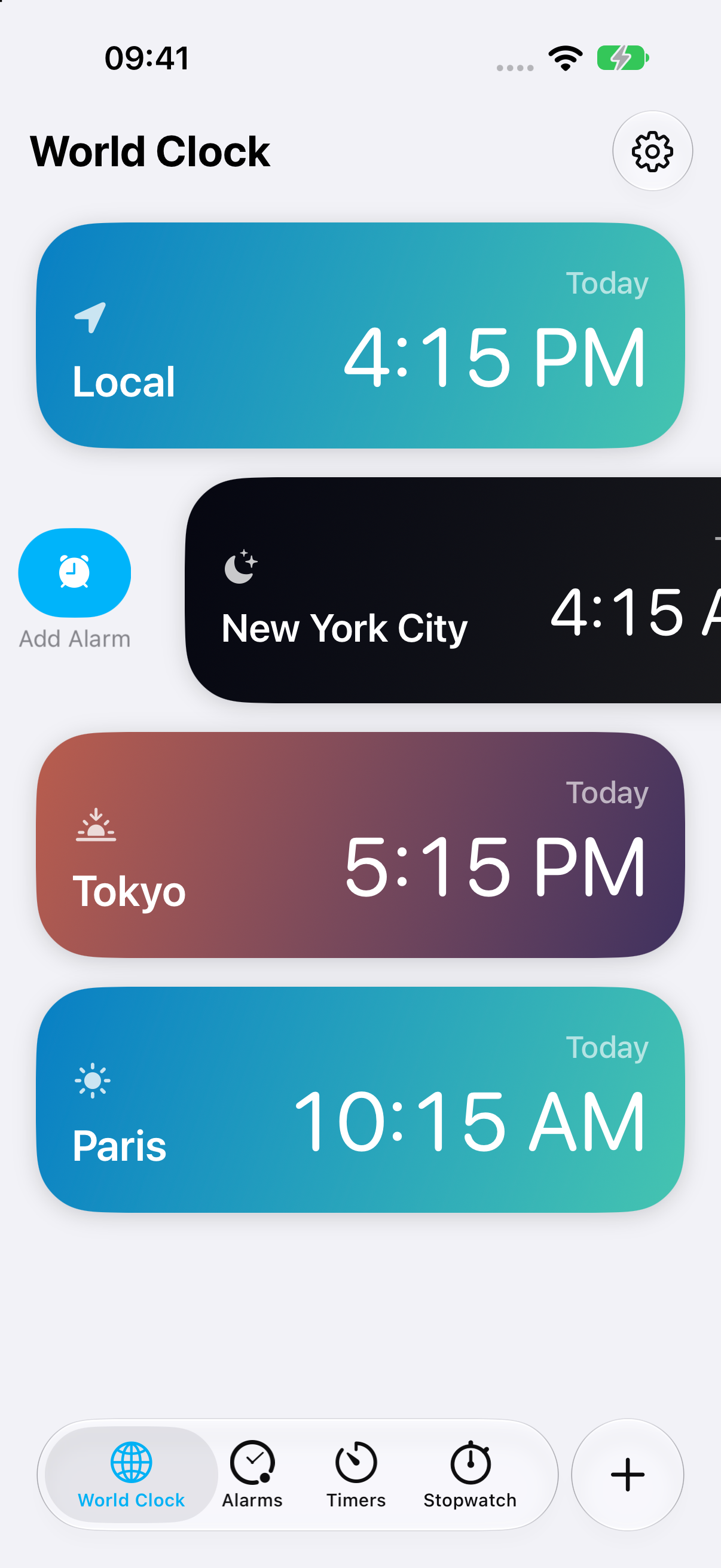 Swiping right on New York reveals the Add Alarm action in Alarm One World Clock