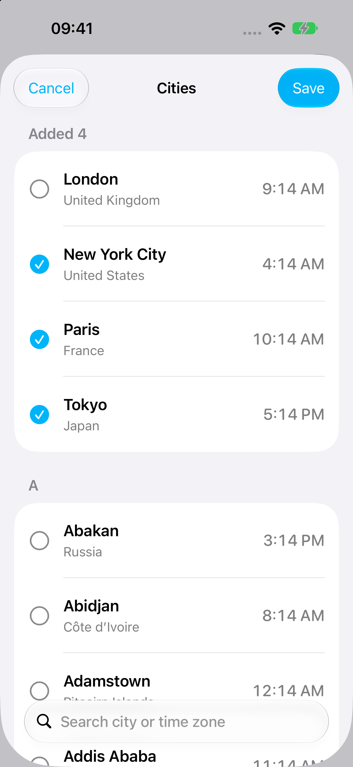 Alarm One Cities selector with New York City selected, a city search field, and the Save button available