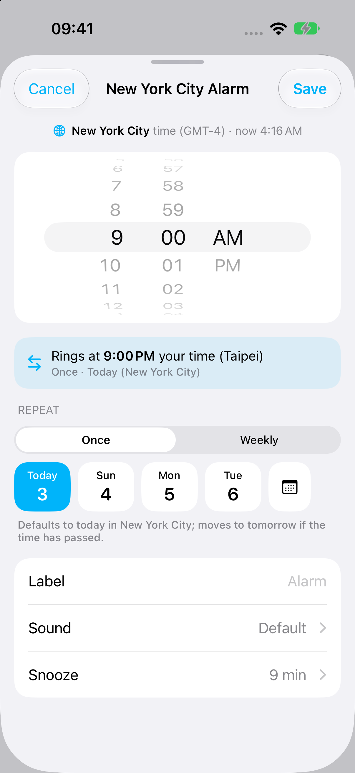 Alarm One New York alarm editor with Once selected, city-date chips, and a local-time conversion