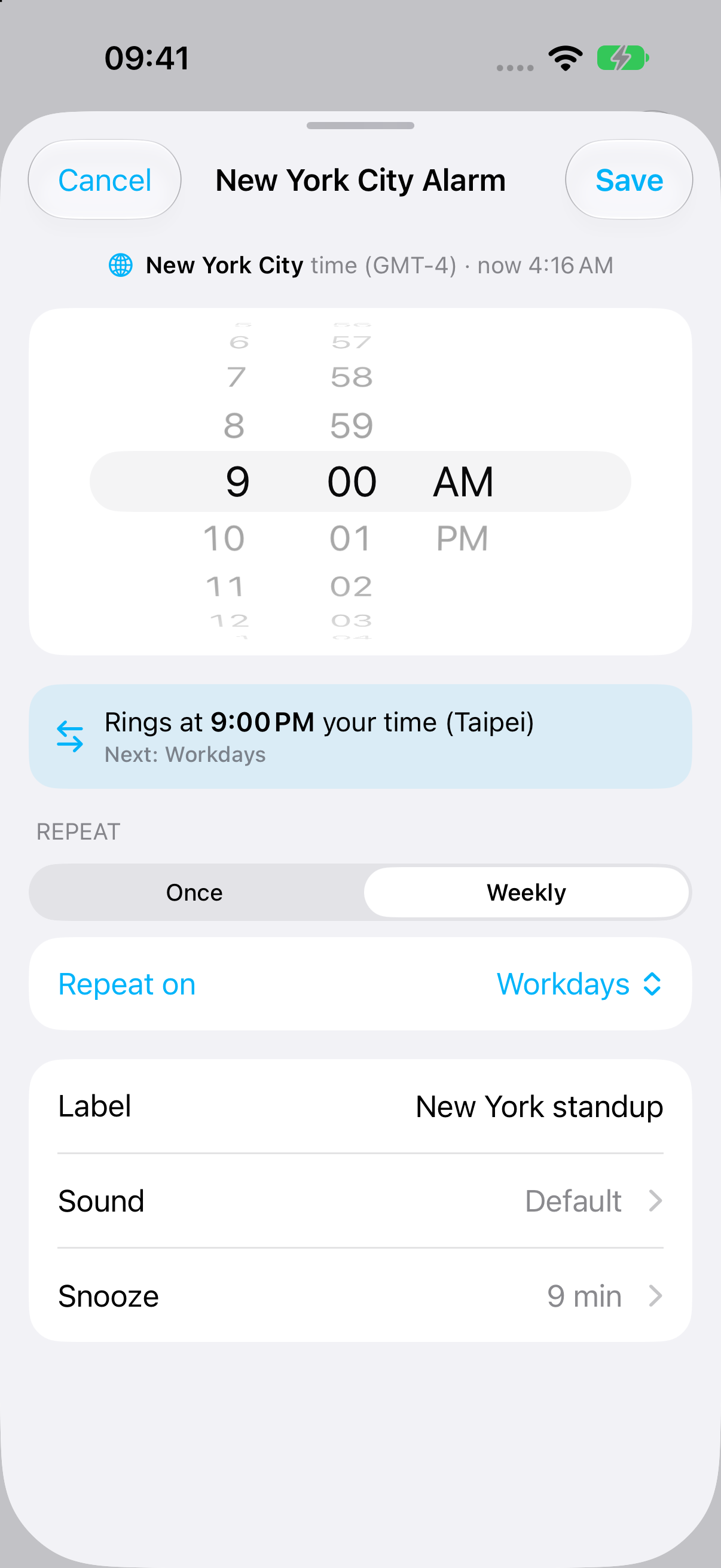 Alarm One’s current New York City alarm editor with 9 AM, a local-time preview, and Weekly repeat controls
