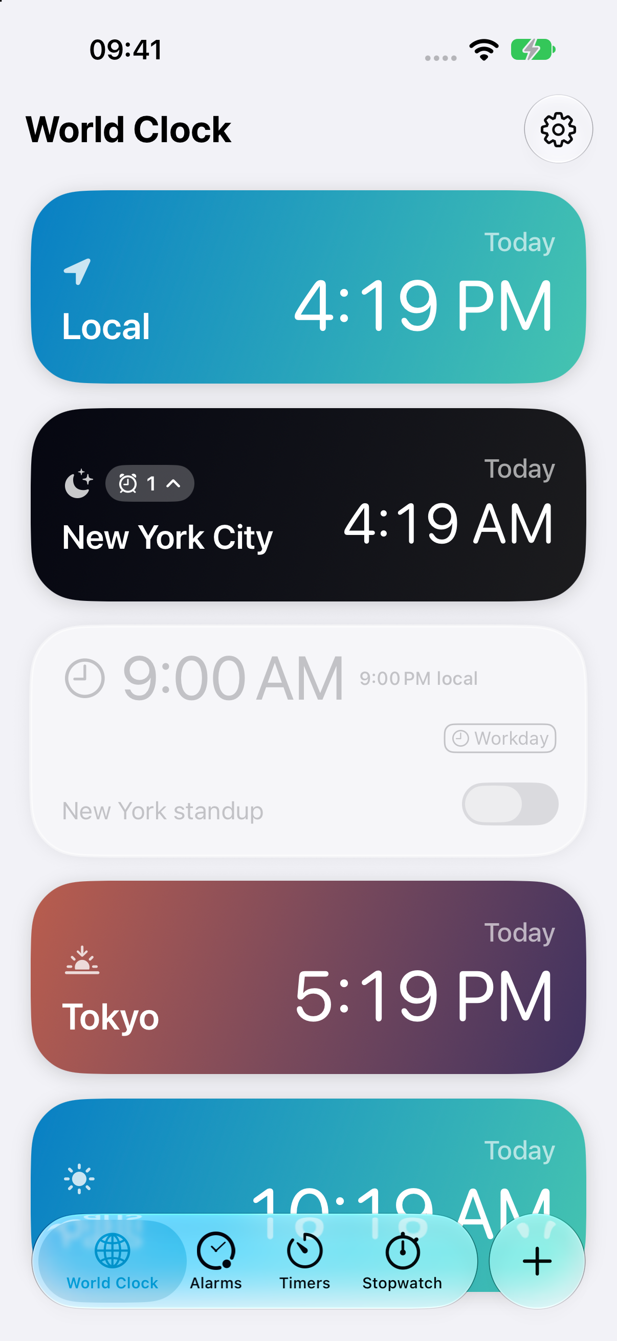 Alarm One World Clock showing a saved New York alarm beneath its city with its local-time equivalent